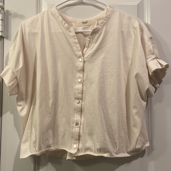 BEAMS Heart - White Button down V neck Short sleeve blouse shirt - Picture 8 of 15